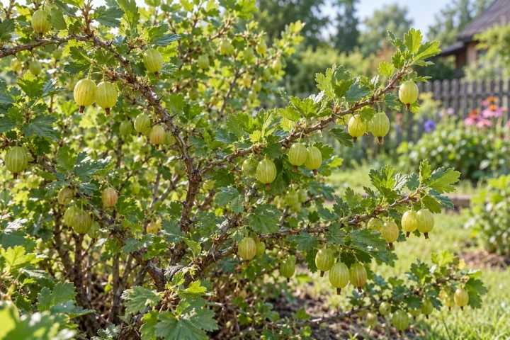 Zielone owoce agrestu z widocznym żyłkowaniem skórki rosną pojedynczo i parami na kolczastych pędach