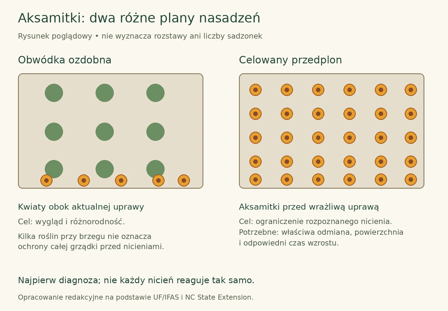 Schemat odróżniający ozdobną obwódkę aksamitek od celowanego przedplonu na zajętej powierzchni grządki