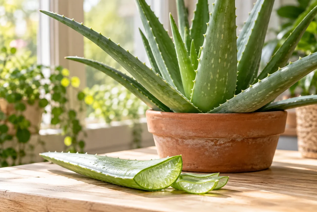 Aloes w terakotowej doniczce przy oknie i przecięty liść z widocznym przezroczystym żelem