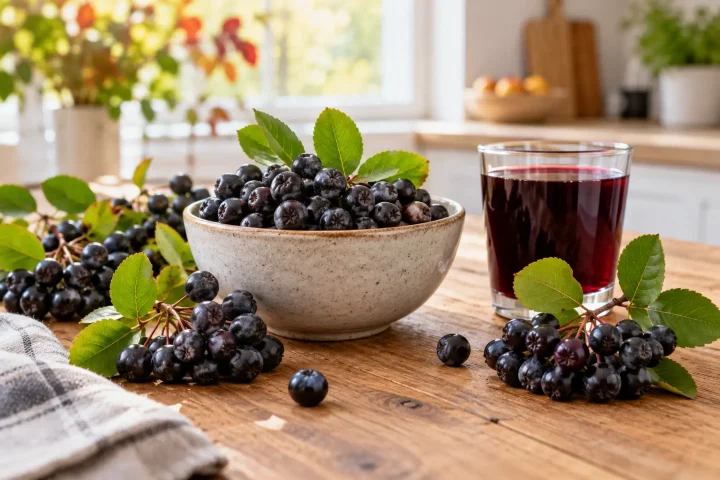 Aronia – owoce i sok w codziennej diecie Świeże owoce aronii w misce oraz szklanka soku na kuchennym stole