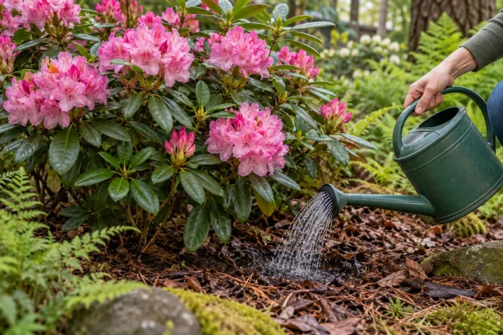 Kwitnący rododendron podlewany przy strefie korzeniowej