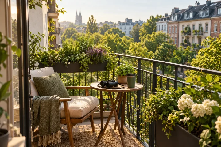 Bliżej natury w mieście Zielony balkon z ziołami i widokiem na drzewa w miejskiej dzielnicy