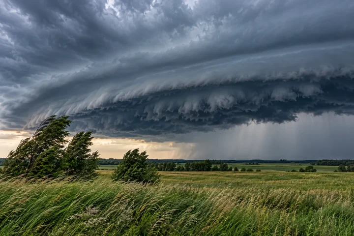 Bow echo i chmura szelfowa nad polem Łukowa chmura szelfowa nad polem podczas silnego wiatru