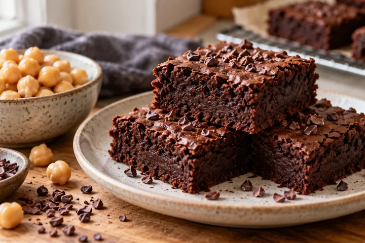 Czekoladowe brownie z ciecierzycy Wilgotne kawałki czekoladowego brownie obok miseczki ugotowanej ciecierzycy