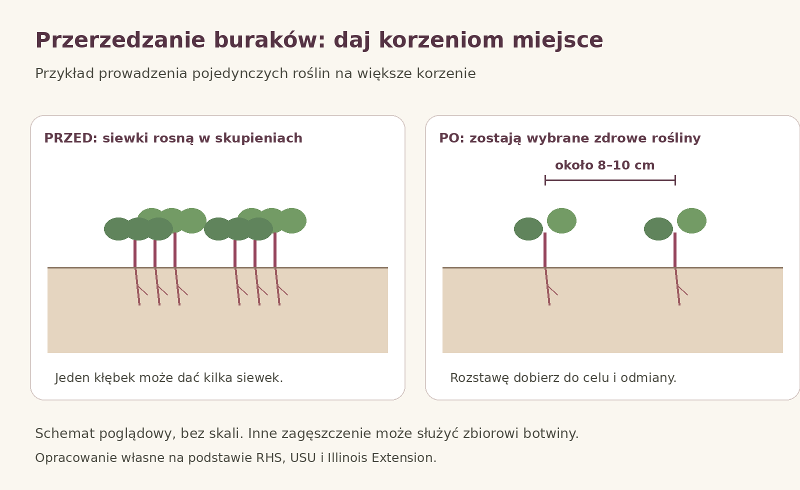 Schemat pokazuje skupienia siewek przed przerywką oraz pojedyncze rośliny pozostawione przykładowo co 8–10 centymetrów na większe korzenie