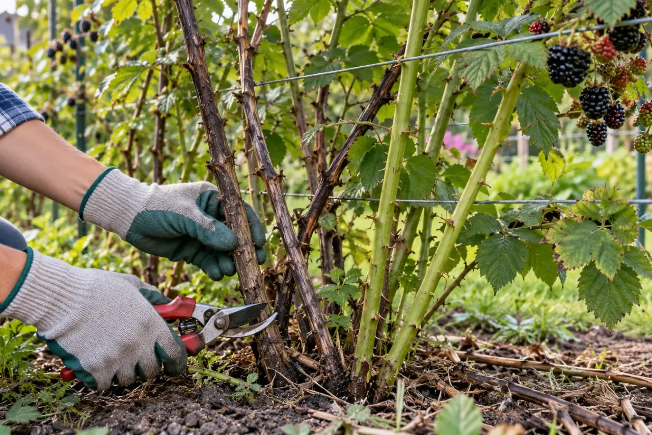Cięcie jeżyn po owocowaniu Ogrodnik usuwa stary zdrewniały pęd jeżyny przy ziemi, obok rosną młode zielone pędy