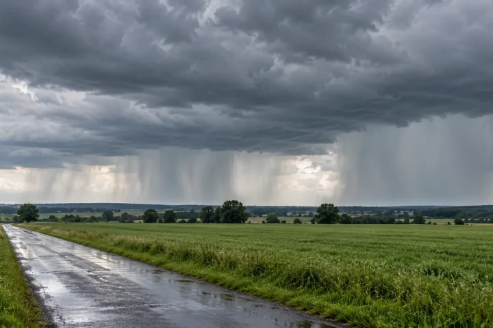 Kurtyny deszczu pod ciemnymi chmurami nad zielonym polem i mokrą drogą