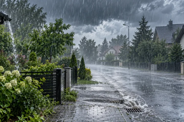 Deszcz nawalny nad ulicą i ogrodem Intensywny deszcz nawalny nad ulicą osiedlową i przydomowym ogrodem