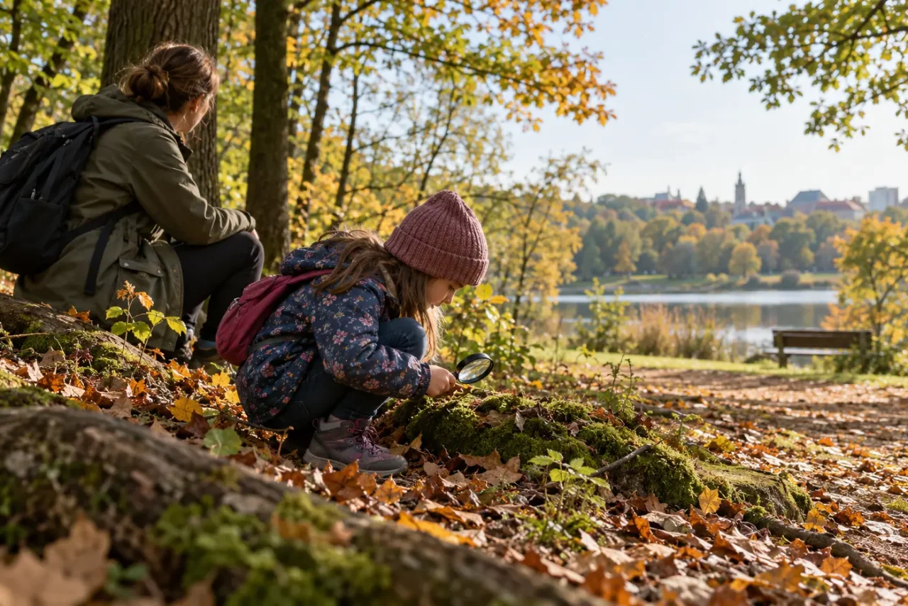 Dziecko ogląda mech i liście przez lupę w miejskim parku