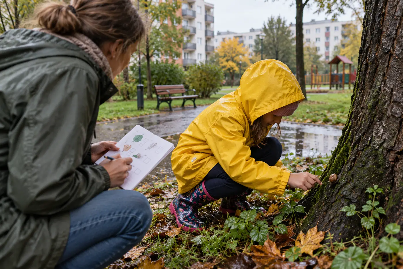 Dziecko obserwuje ślimaka przy drzewie po deszczu na osiedlu