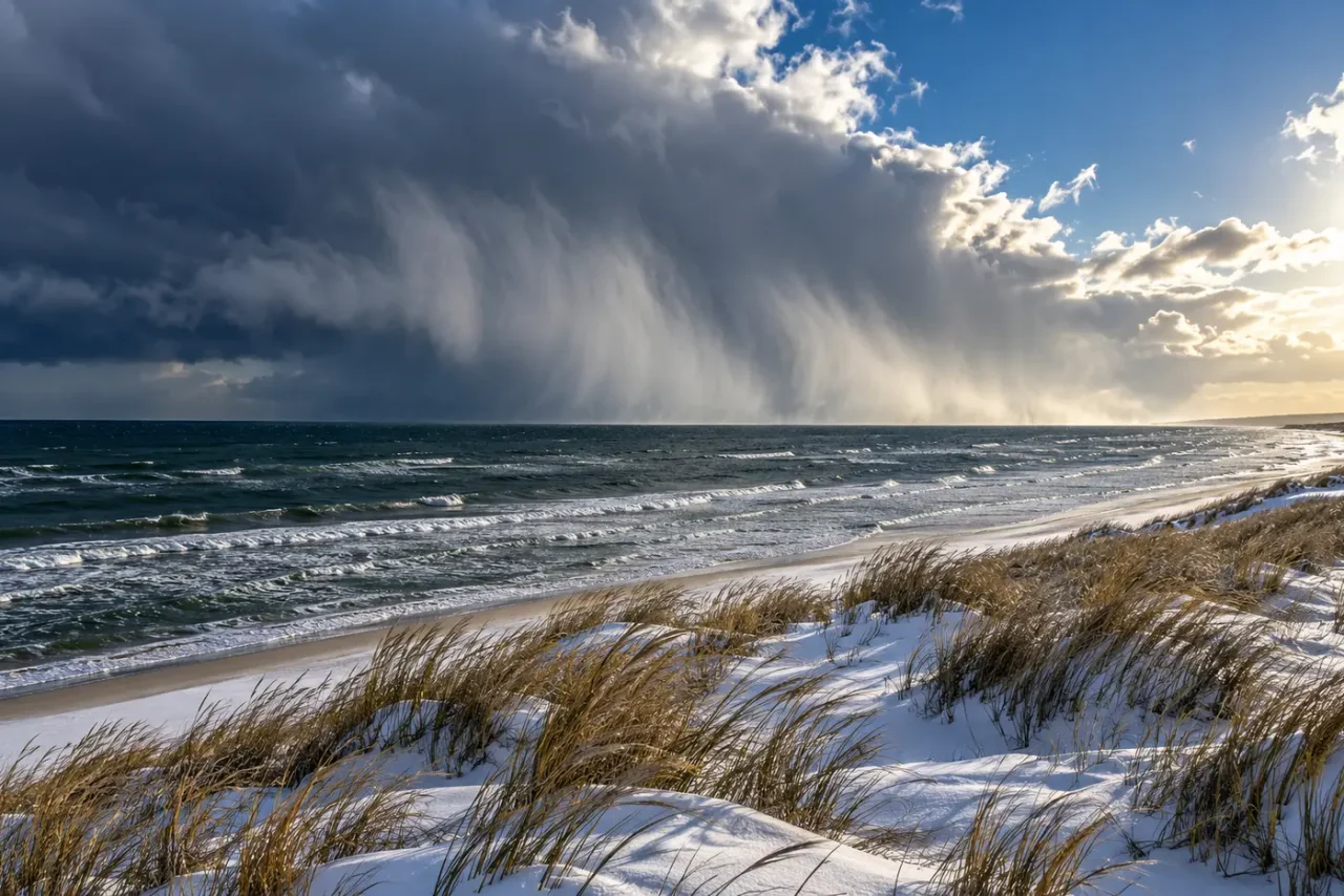 Wąska śnieżyca nad Bałtykiem zbliża się do ośnieżonego wybrzeża