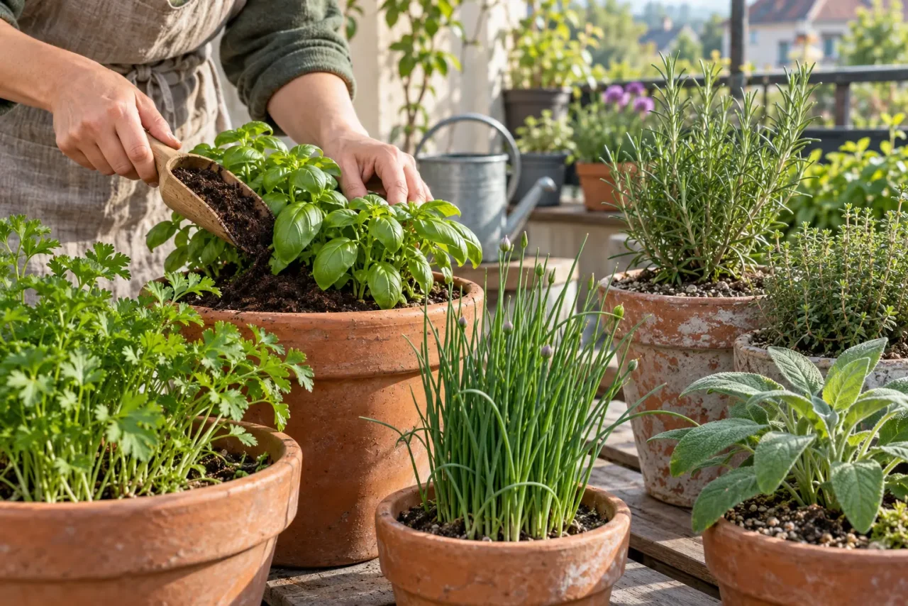 Ekologiczne nawożenie ziół w pojemnikach Ekologiczne nawożenie ziół w donicach na balkonie