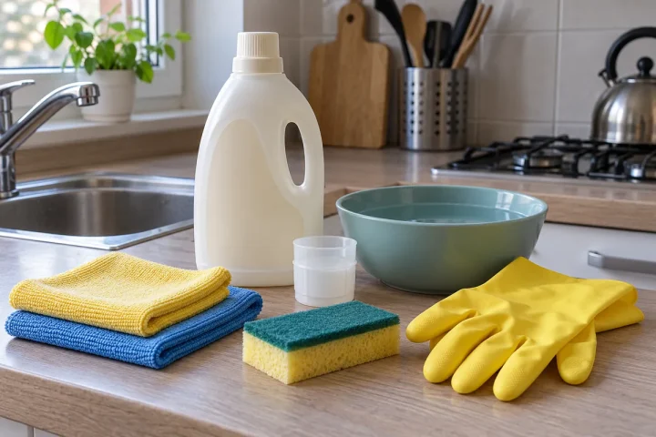 Prosty zestaw do rozsądnego sprzątania domu Butelka detergentu, miarka, dwie ściereczki, gąbka, miska z wodą i rękawice na kuchennym blacie