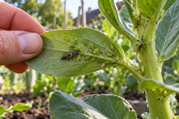Kolonia zielonych mszyc i larwa biedronki pod liściem bobu