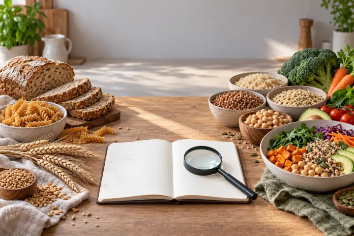 Pieczywo z glutenem i naturalnie bezglutenowe produkty zestawione na stole