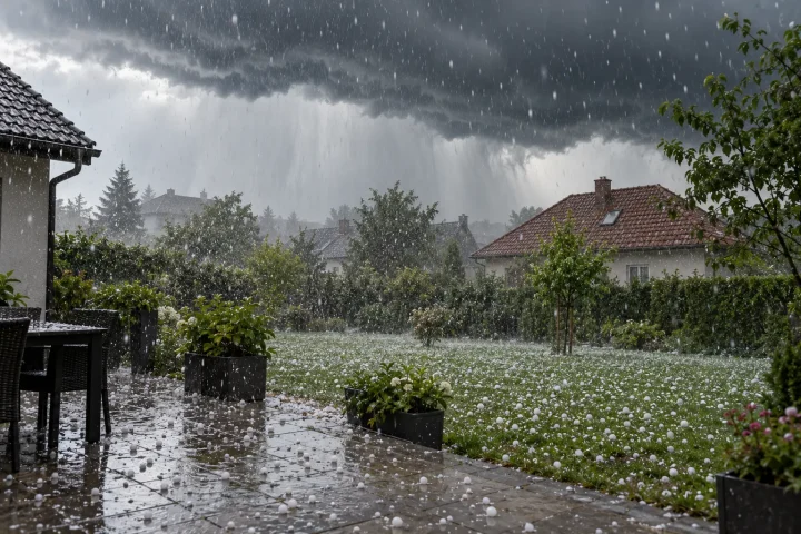 Grad jako groźne zjawisko atmosferyczne Intensywne gradobicie nad ogrodem i domami pod ciemną chmurą burzową