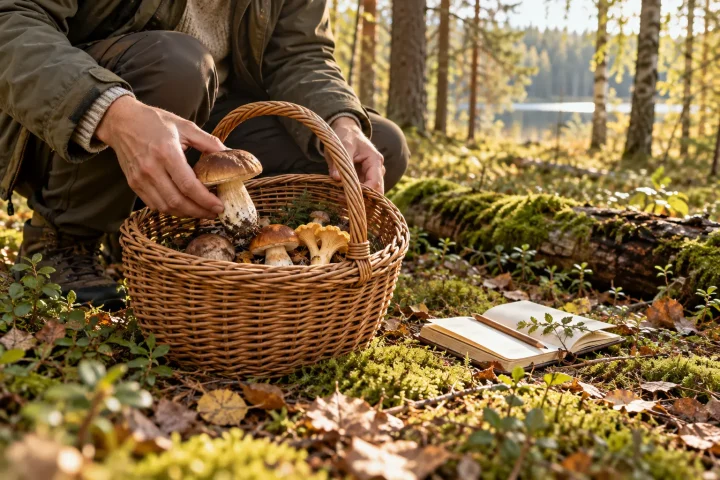 Grzybiarz wkłada grzyb do przewiewnego wiklinowego koszyka w jesiennym lesie