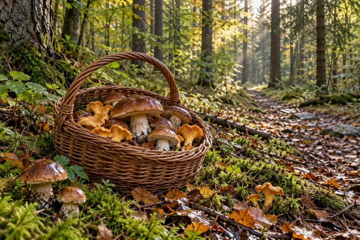 Wiklinowy kosz z grzybami ustawiony na wilgotnej ściółce przy leśnej ścieżce