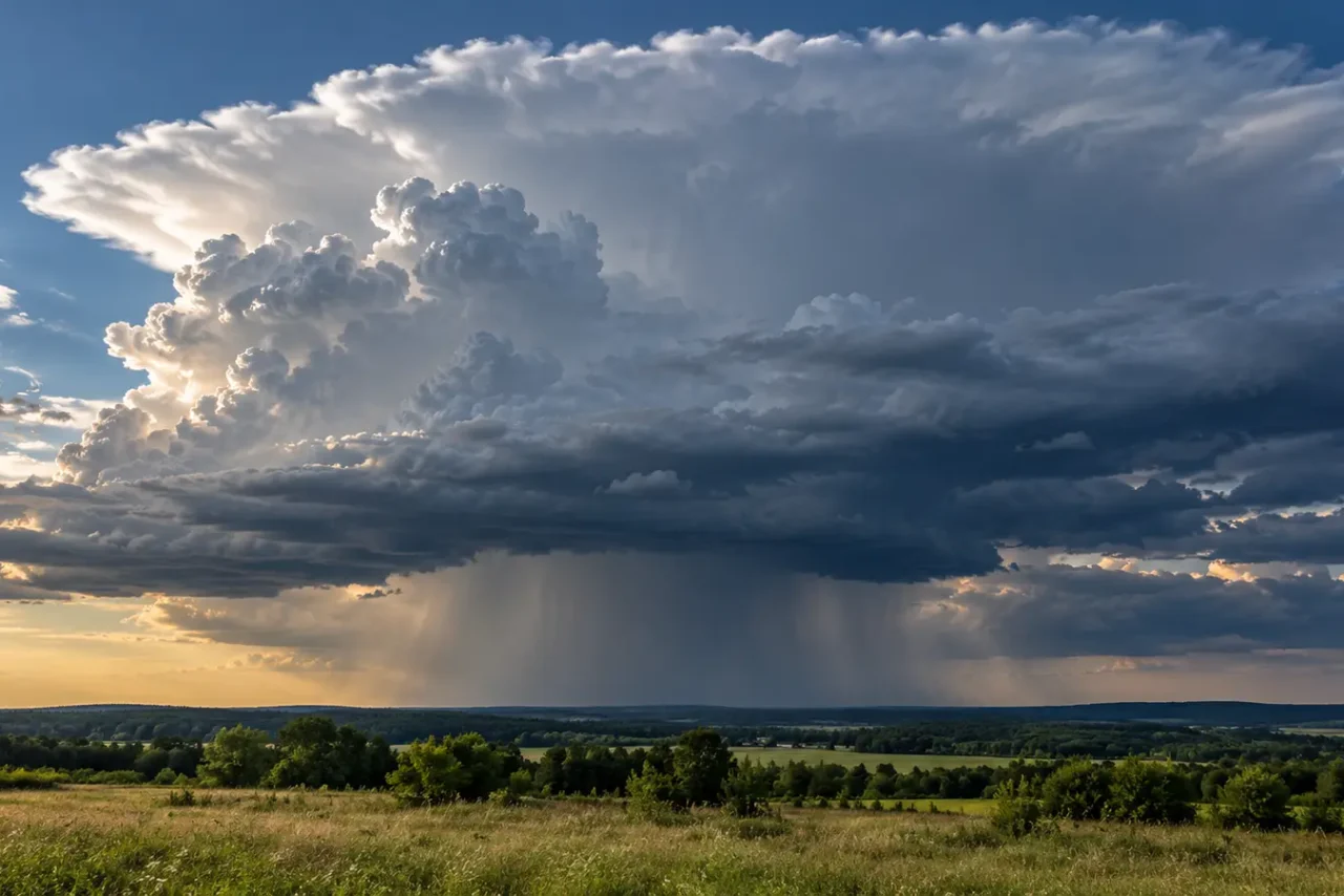 Rozbudowana chmura Cumulonimbus z ciemnym pasmem opadu nad krajobrazem