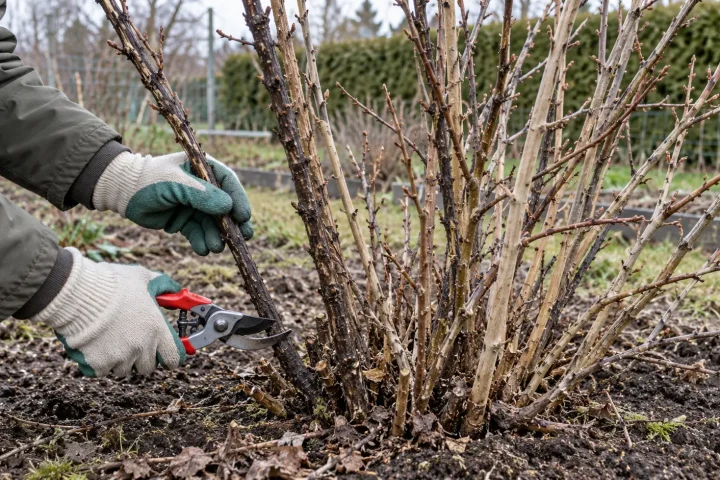 Przycinanie starego pędu porzeczki tuż przy ziemi pod koniec zimy