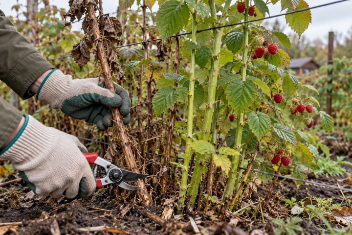 Cięcie starego pędu maliny przy ziemi z pozostawieniem młodych zielonych pędów