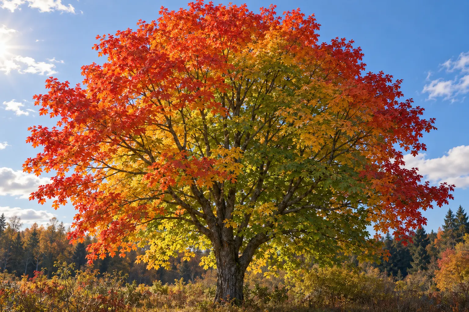 Korona drzewa z czerwonymi liśćmi na słońcu i żółtozielonymi wewnątrz korony