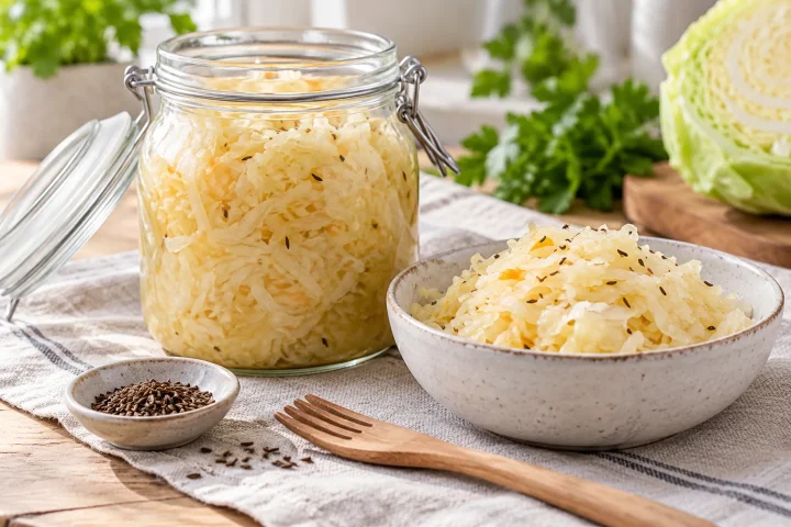 Kapusta kiszona — właściwości i rozsądny wybór Kapusta kiszona w szklanym słoiku i misce na kuchennym stole