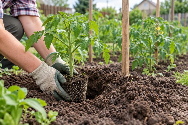 Zdrowa rozsada pomidora sadzona głęboko w przygotowanej grządce