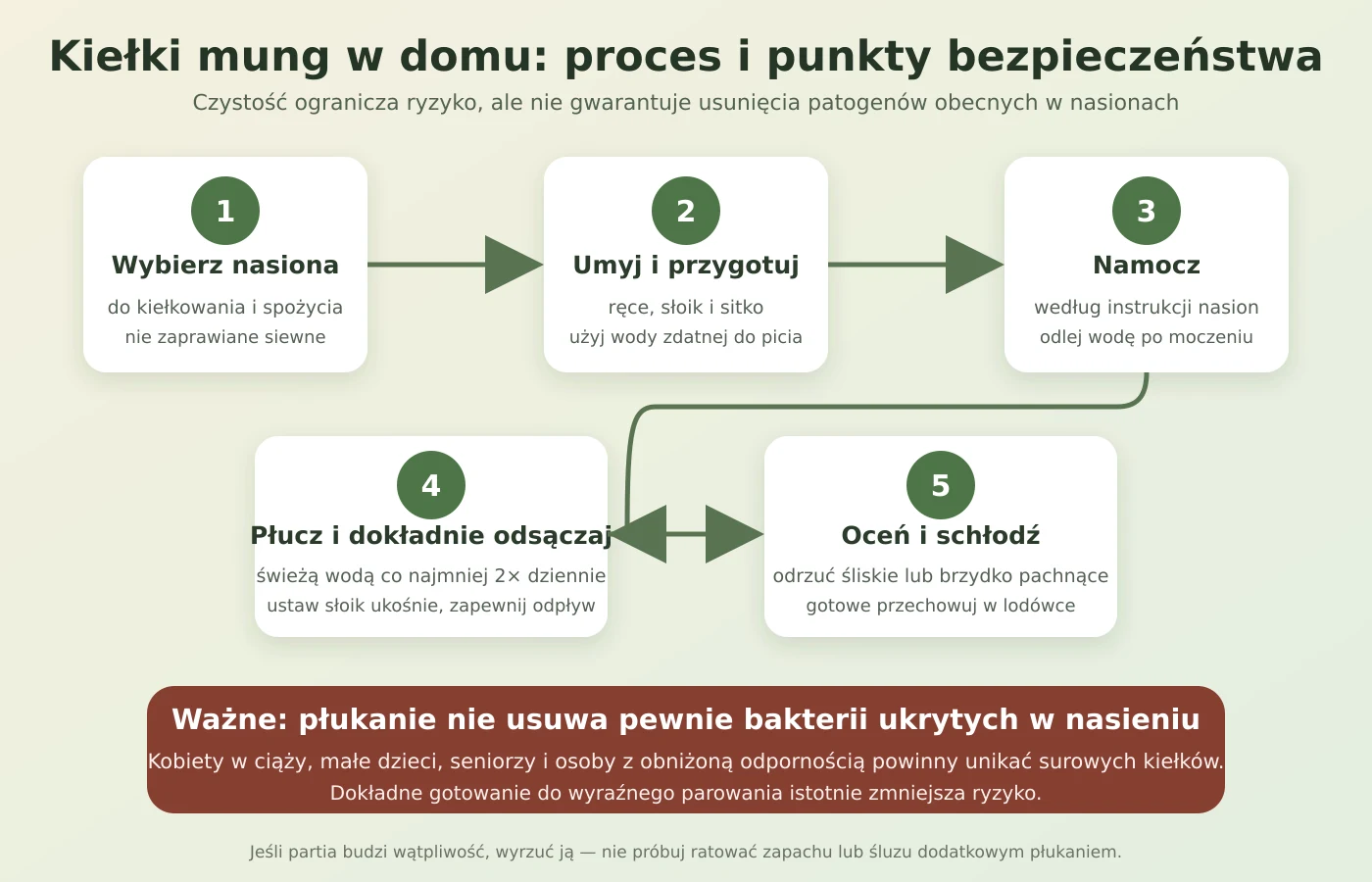 Schemat bezpiecznej domowej hodowli kiełków fasoli mung