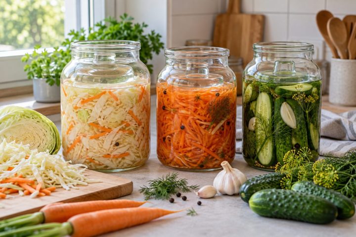 Kiszonki – bezpieczna fermentacja warzyw Słoiki z kapustą, marchwią i ogórkami zanurzonymi w solance podczas fermentacji