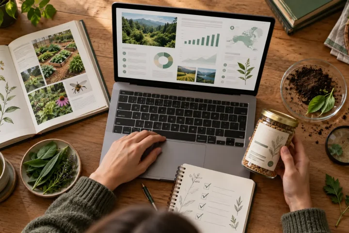 Sprawdzanie wiarygodności porad o naturze przy laptopie, książkach i próbce gleby