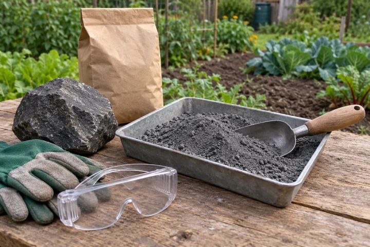 Mączka bazaltowa jako materiał mineralny do oceny przed zastosowaniem Szary proszek skalny w metalowej tacy, bryła ciemnej skały, łopatka, rękawice i okulary ochronne na stole ogrodowym