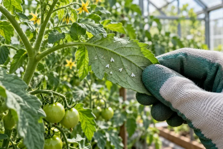 Drobne białe mączliki na spodniej stronie liścia pomidora w szklarni