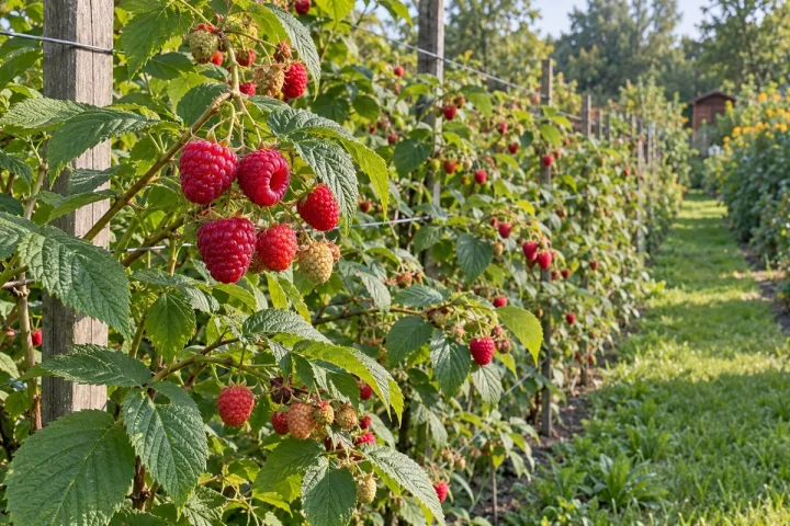 Dojrzewające czerwone maliny rosną przy drutach podtrzymujących pędy obok ogrodowej ścieżki