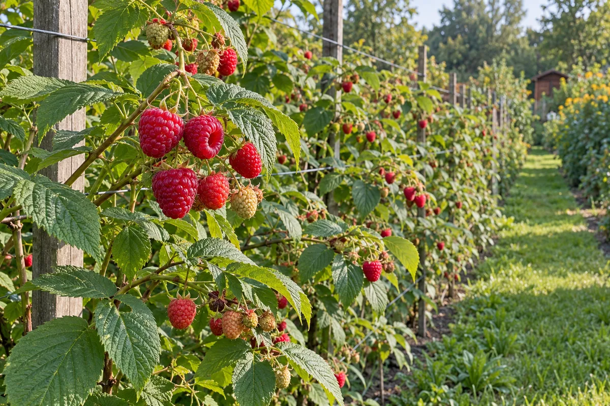 Dojrzewające czerwone maliny rosną przy drutach podtrzymujących pędy obok ogrodowej ścieżki