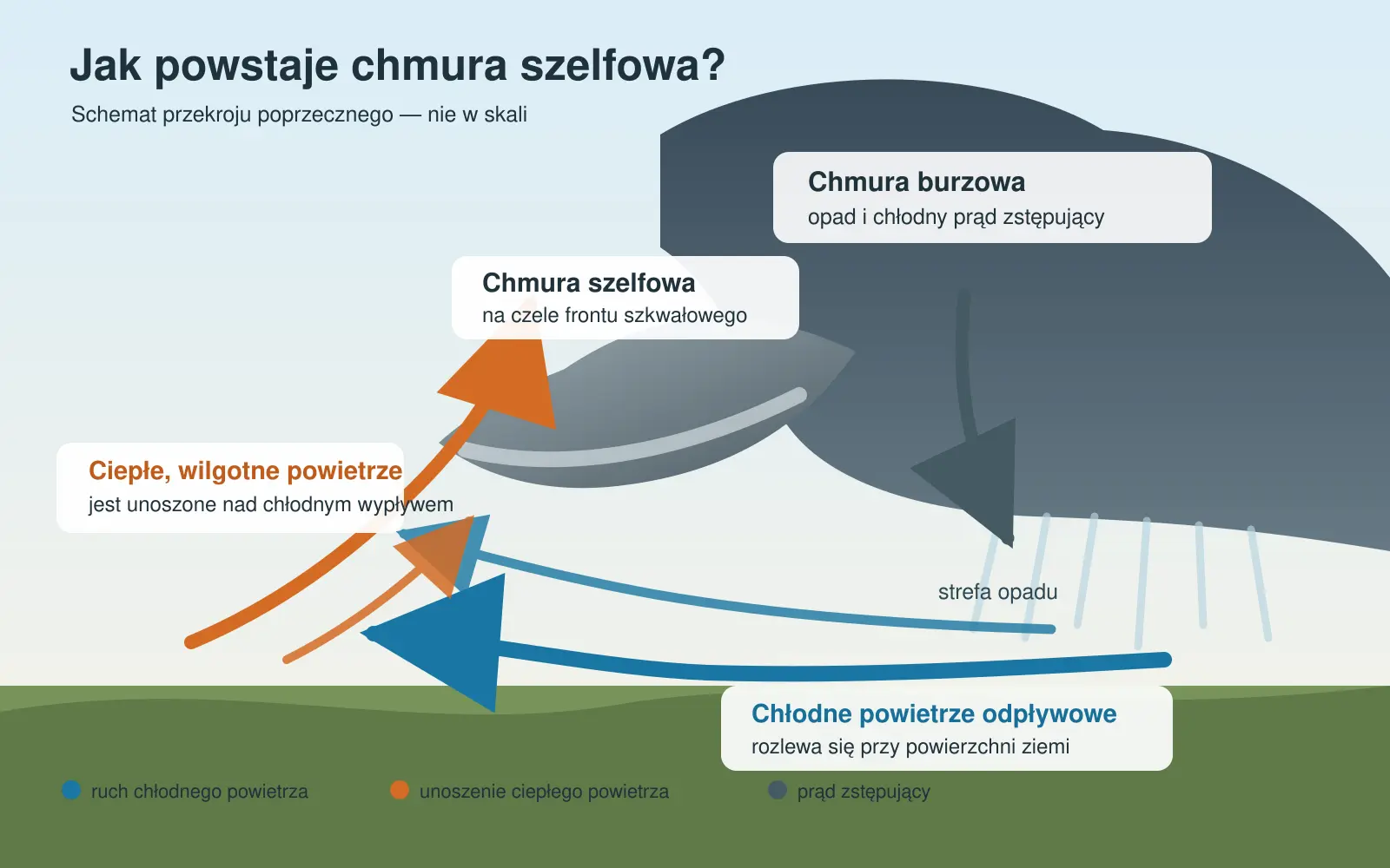 Mechanizm powstawania chmury szelfowej Schemat powstawania chmury szelfowej na granicy chłodnego odpływu i ciepłego powietrza