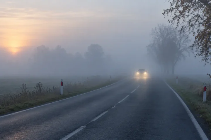 Samochód jadący z włączonymi światłami mijania po wiejskiej drodze w gęstej mgle