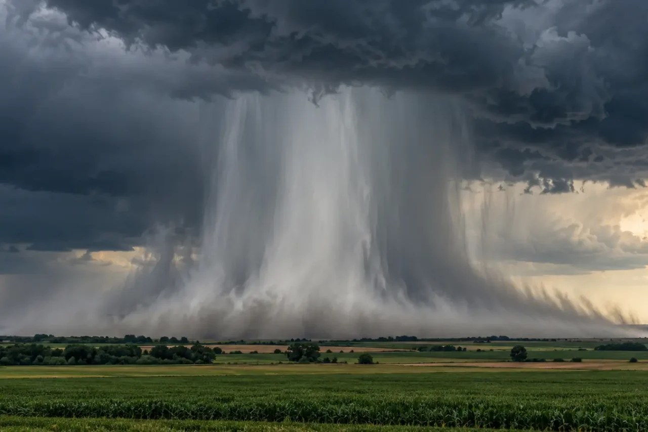 Microburst nad otwartym terenem Silny prąd zstępujący z chmury burzowej uderza w ziemię i rozchodzi się promieniście wraz z deszczem