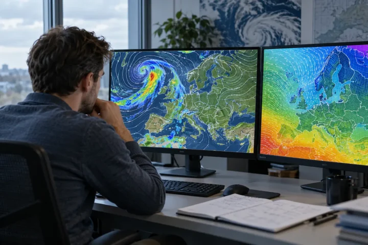Modele numeryczne pogody w pracy meteorologa Meteorolog analizuje na monitorach mapy numerycznych modeli pogody dla Europy