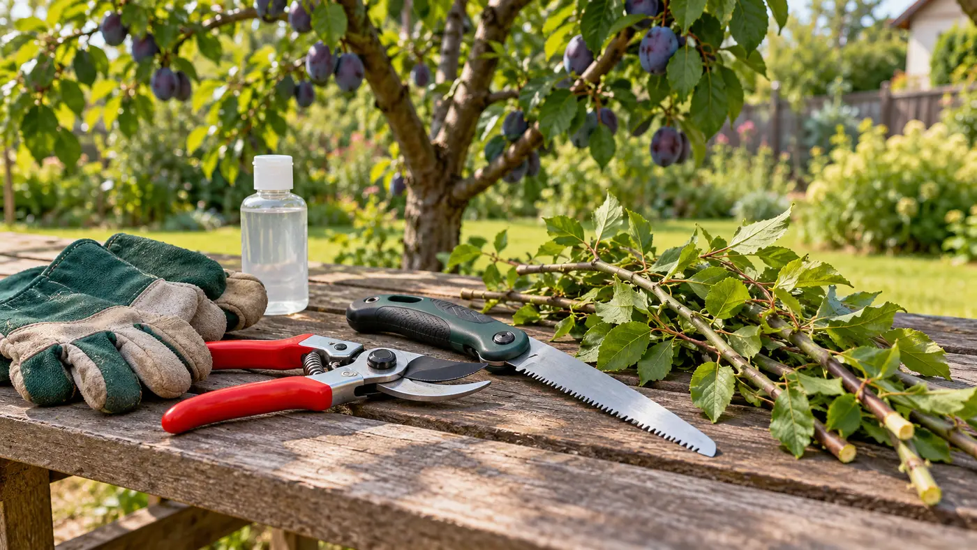 Narzędzia do letniego cięcia drzew Sekator, piła ogrodnicza i rękawice przygotowane do cięcia drzew