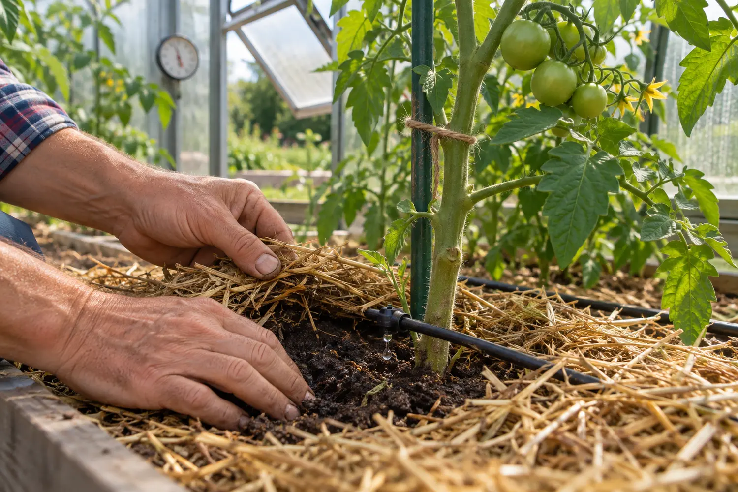 Kontrola wilgotności gleby przy kroplowniku obok korzeni pomidora w szklarni