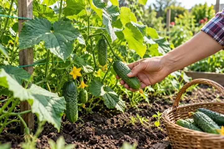 Dłoń zbierająca ogórek z dorodnych roślin na słonecznej grządce