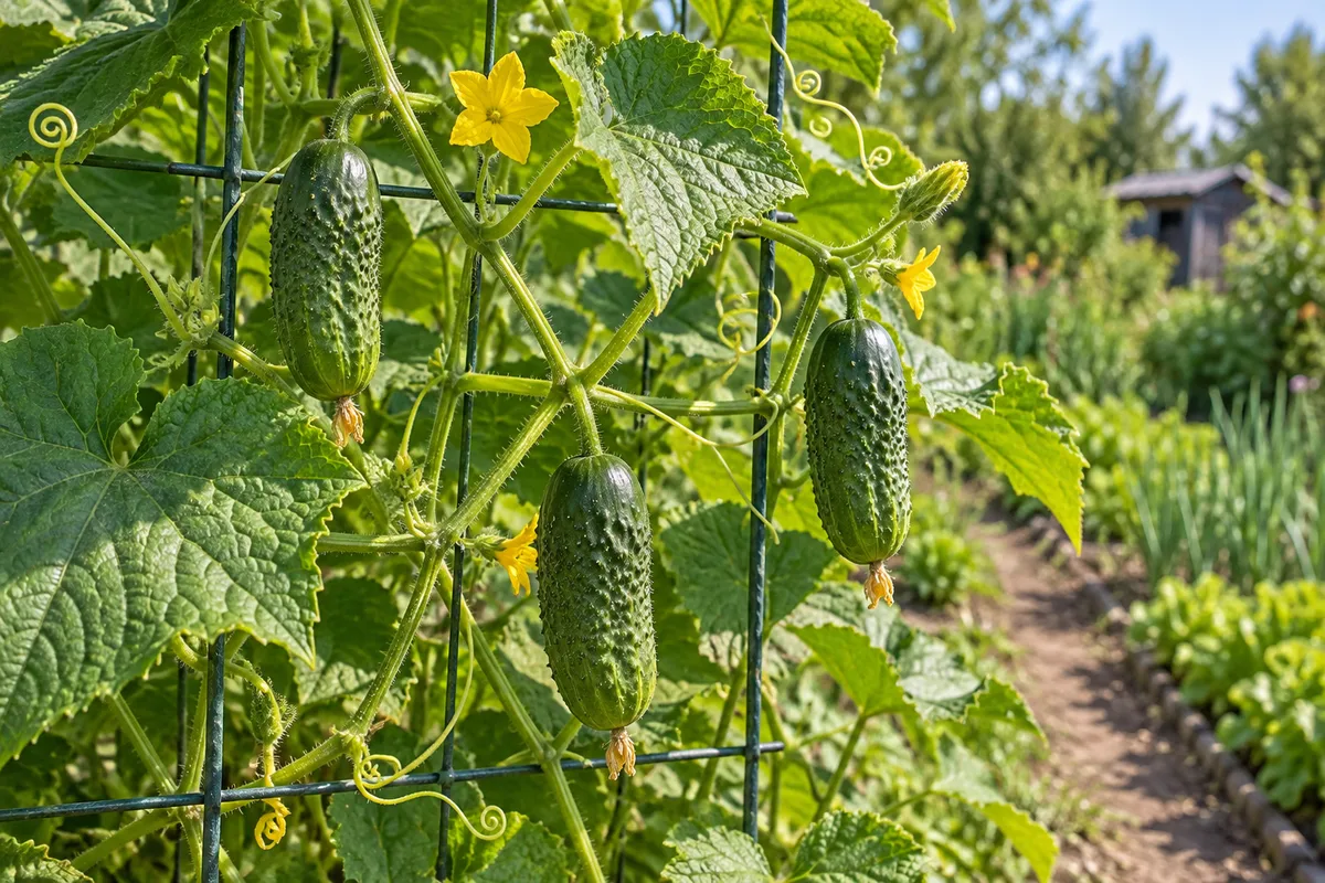 Krótkie zielone ogórki rosną na pędach wspinających się po ogrodowej siatce