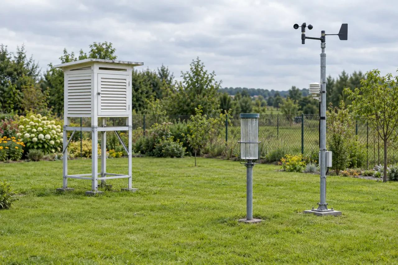 Domowy ogródek meteorologiczny z klatką pomiarową, deszczomierzem i wiatromierzem