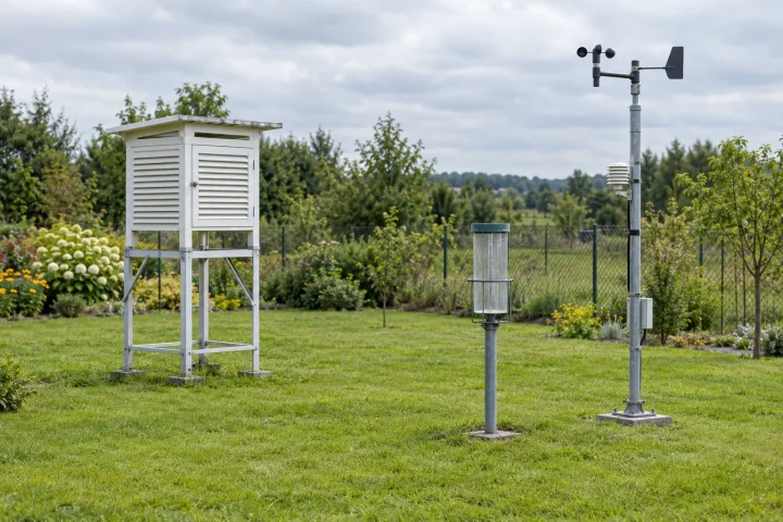 Domowy ogródek meteorologiczny Domowy ogródek meteorologiczny z klatką pomiarową, deszczomierzem i wiatromierzem