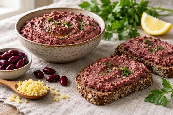 Pasta z czerwonej fasoli i kaszy jaglanej podana na żytnim pieczywie