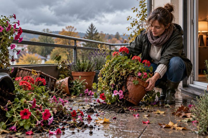 Rośliny balkonowe po silnym wietrze – jak uratować połamane pelargonie i które kwiaty przenieść do domu?