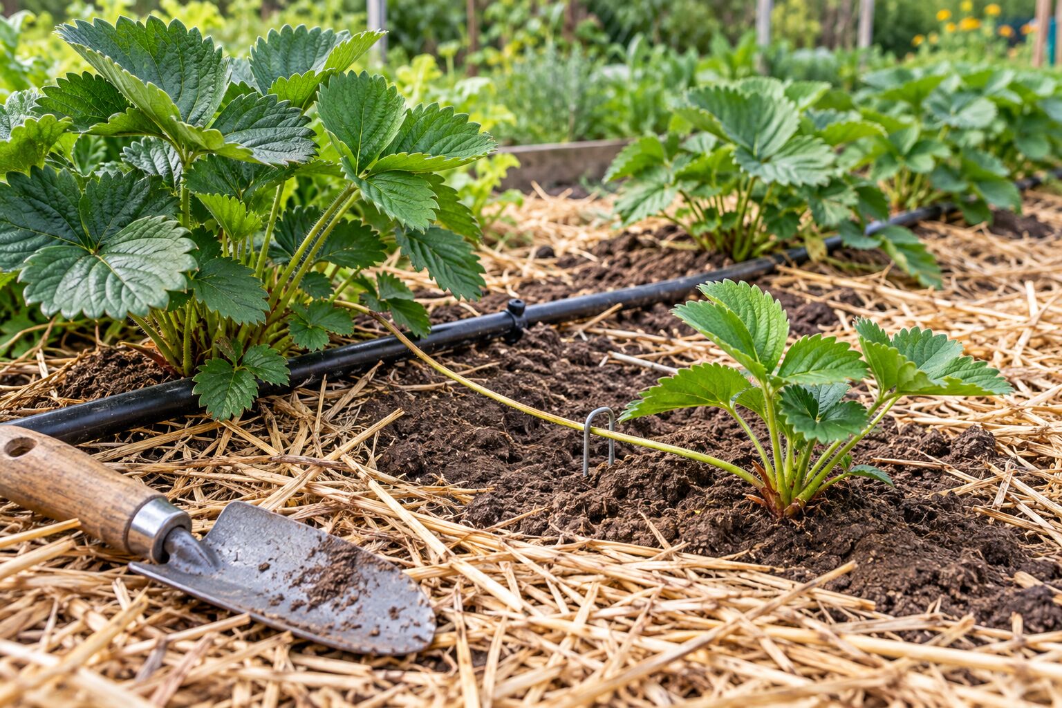Młoda sadzonka truskawki z rozłogu i nawadnianie kroplowe