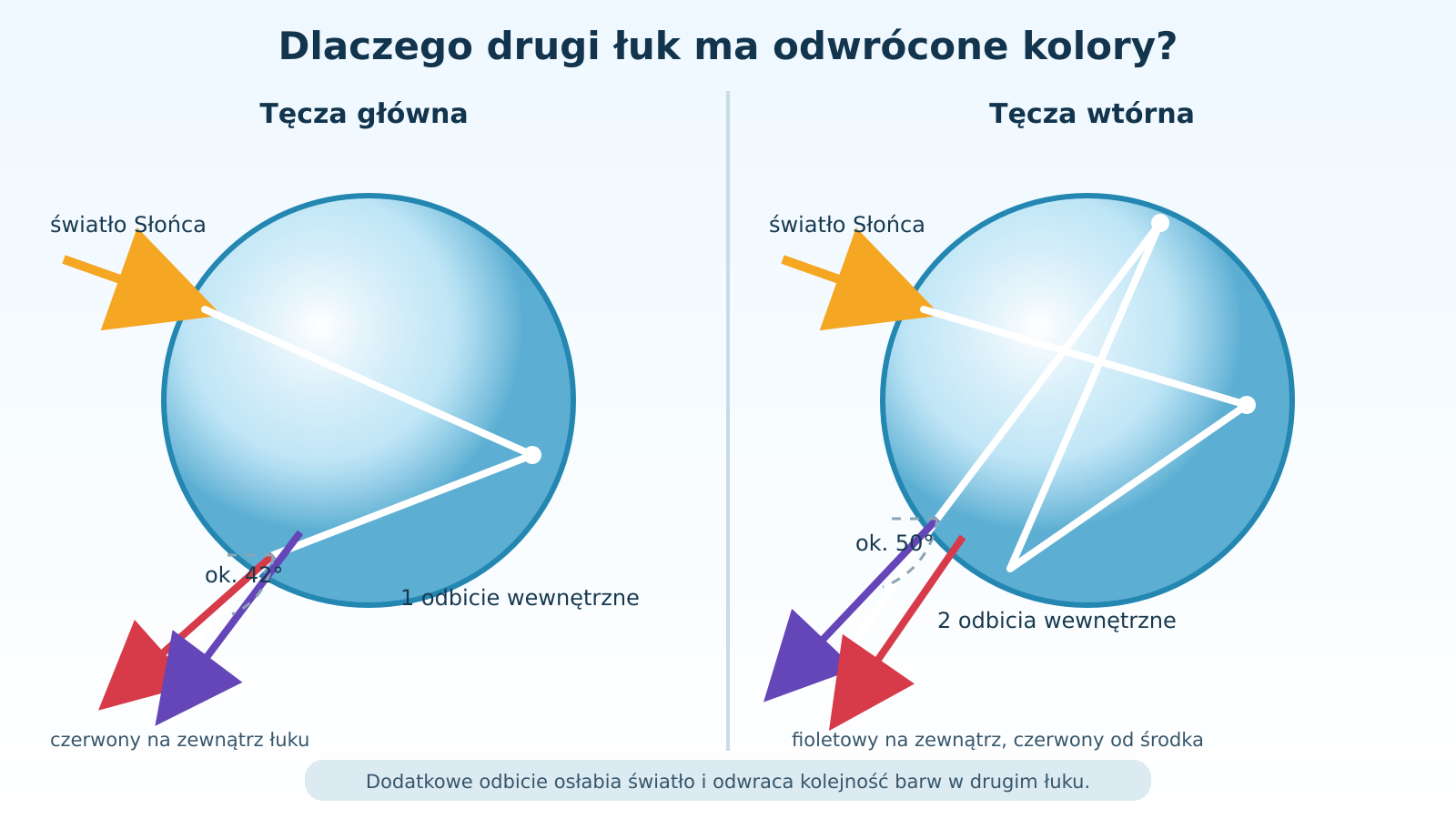 Schemat biegu światła w kropli: jedno odbicie tworzy tęczę główną, dwa odbicia tworzą tęczę wtórną