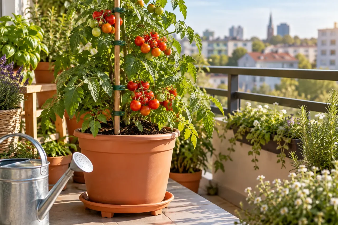 Pomidory uprawiane w donicy na słonecznym balkonie Owocujący pomidor koktajlowy w dużej donicy z podporą na słonecznym balkonie